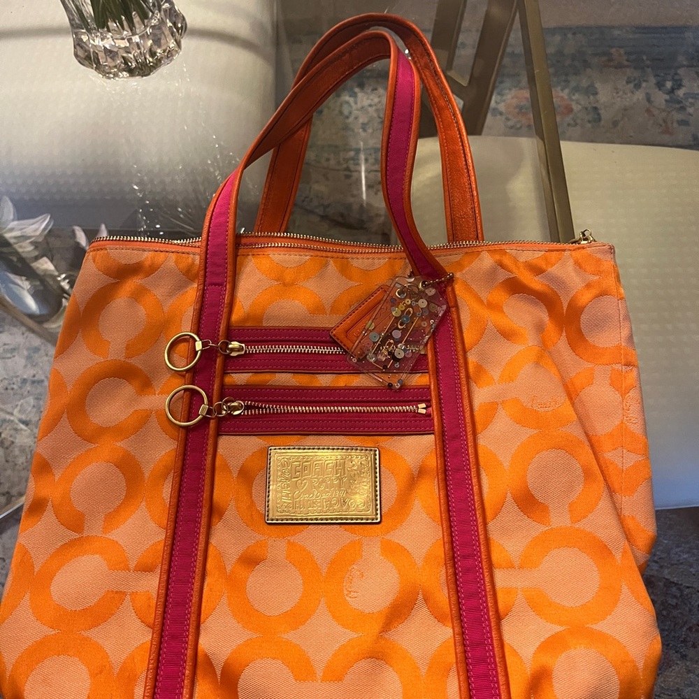 Coach Poppy OP Art Signature Orange Jacquard Leather Trim Tote Shoulder Bag